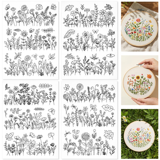 DIVINA VITAE 8 Sheets 24 Pcs Water Soluble Embroidery Stabilizers, Stick & Stitch Embroidery Paper, Pre-Printed Wildflowers & Flowering Shrubs Patterns, Hand Sewing Supplies for Embroiderys Lovers