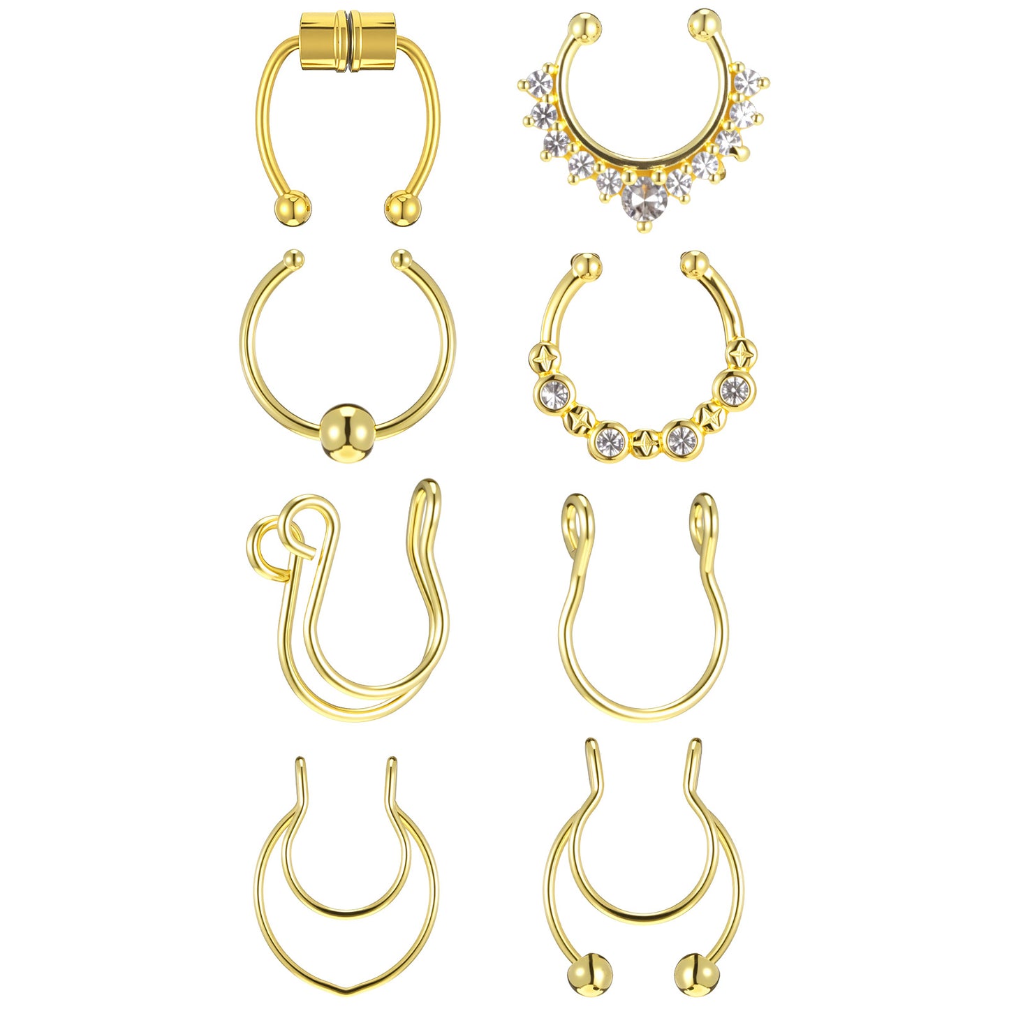 HekouJiub 8 Pcs Fake Septum Piercing 16/20G Gold Magnetic Fake Nose Ring for Women Stainless Steel Stud Nose Piercing Gold Clip-on Septum Ring Faux Lip Piercings Jewellery for Women Men
