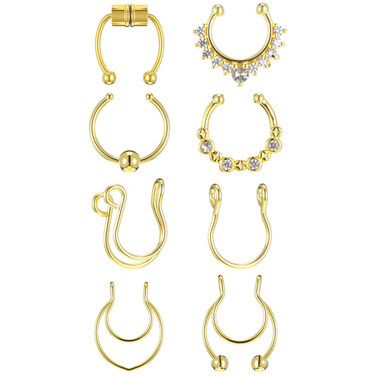 HekouJiub 8 Pcs Fake Septum Piercing 16/20G Gold Magnetic Fake Nose Ring for Women Stainless Steel Stud Nose Piercing Gold Clip-on Septum Ring Faux Lip Piercings Jewellery for Women Men