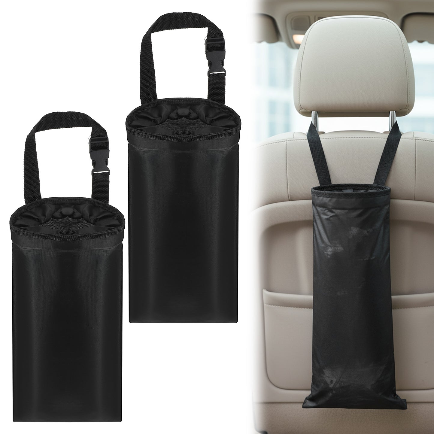 DIVINA VITAE 2 PCS Car Trash Bags, Washable Oxford Fabric, Elastic Top Opening, Sticky Strap Bottom, Adjustable Straps, Seat Back Garbage Can for Cars, SUVs, Travel