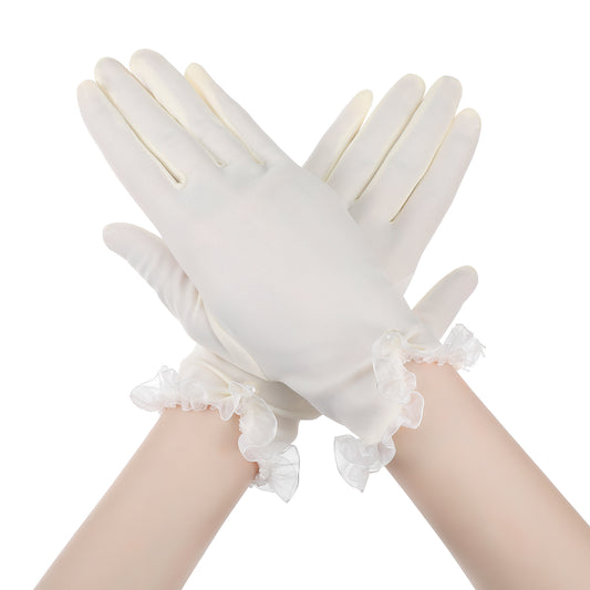 White Gloves Women Pearl Short Satin Gloves for Tea Party Wedding Bridal Dinner Opera Party Prom Masquerade Banquet Dress Formal Special Occasion