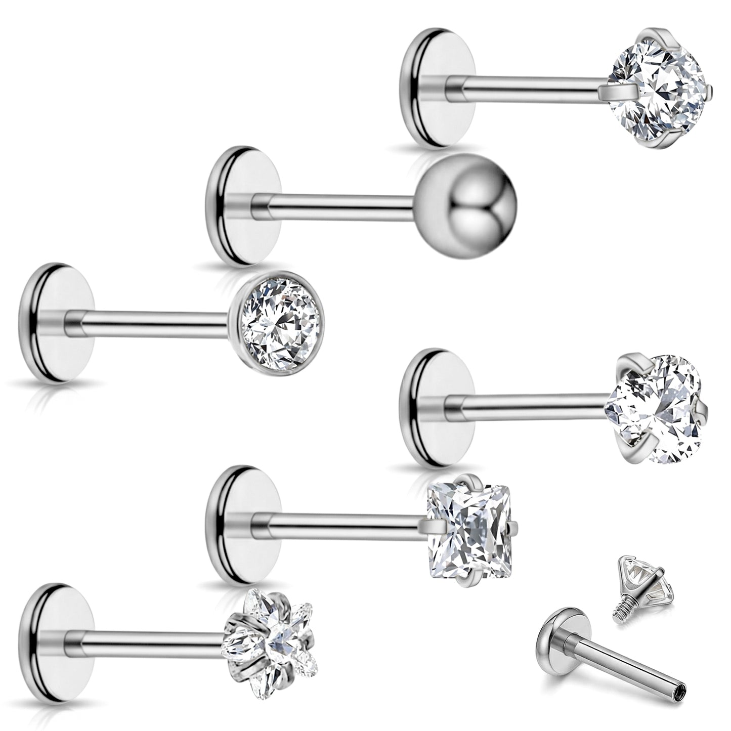 HaiFafafaing 6 pcs Spiral Tragus Piercing Jewellery, Labret Piercing Jewellery, Stainless Steel Labret Studs with Zirconia for Tragus Stud, Flat Back Nose Stud 8mm(Silver)