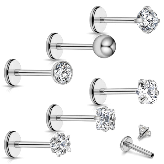 HaiFafafaing 6 pcs Spiral Tragus Piercing Jewellery, Labret Piercing Jewellery, Stainless Steel Labret Studs with Zirconia for Tragus Stud, Flat Back Nose Stud 8mm(Silver)