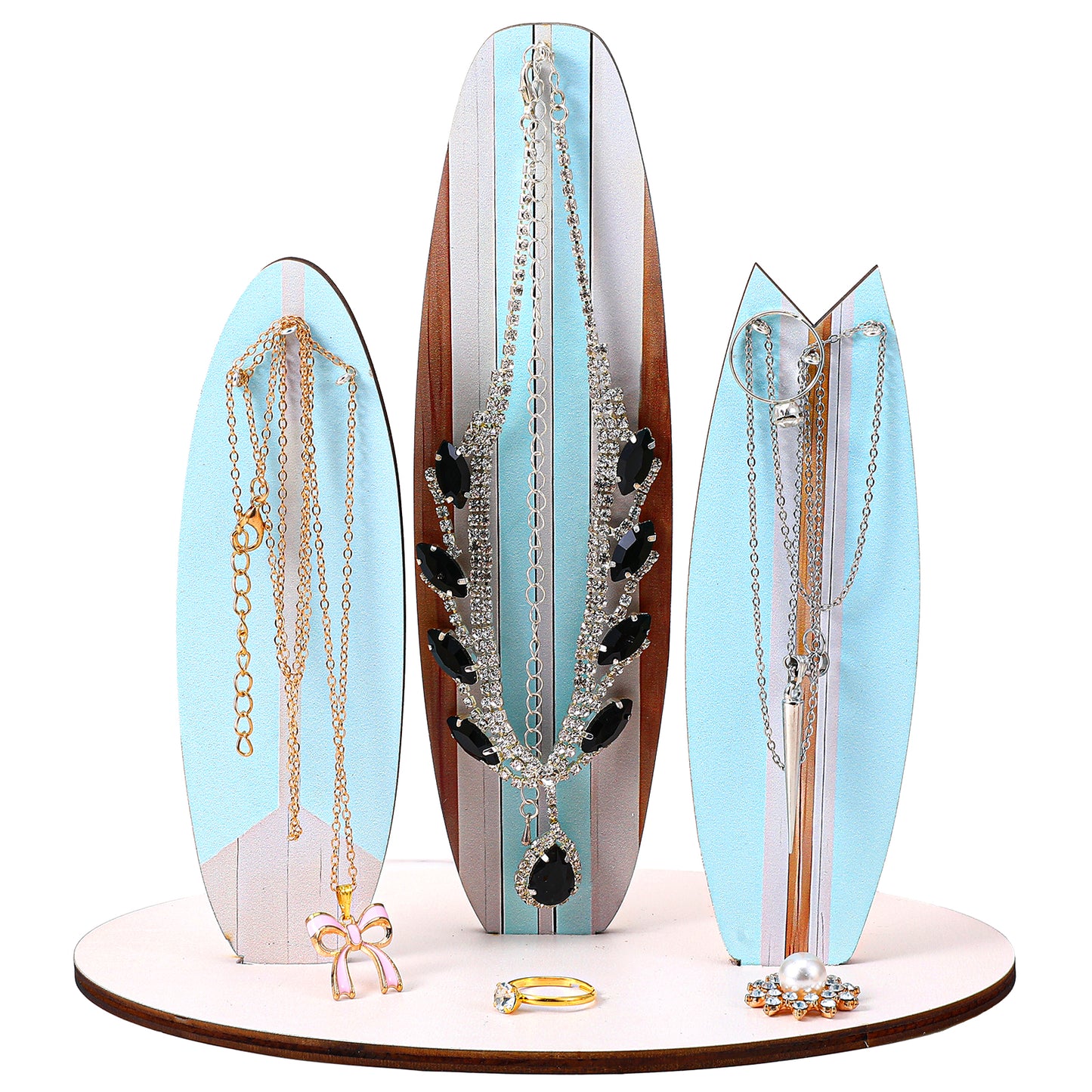 DIVINA VITAE Surfboard Jewelry Holder, Wooden Beach Theme Organizer Stand, Pink Coastal Decor, Necklace Bracelet Display Rack(Blue)