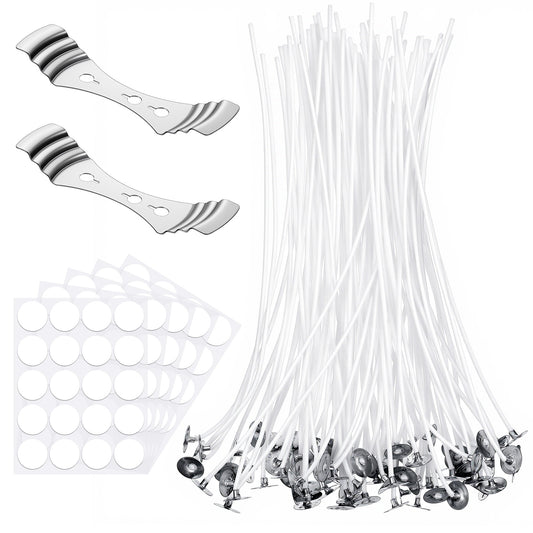 100 Pcs cotton wicks for candles 8 Inch wicks for candlemaking Pre-Waxed with Paraffin, Includes 100 Adhesive Stickers and 2 Metal Wick Holders for Soy Beeswax Candle Making candle making wicks