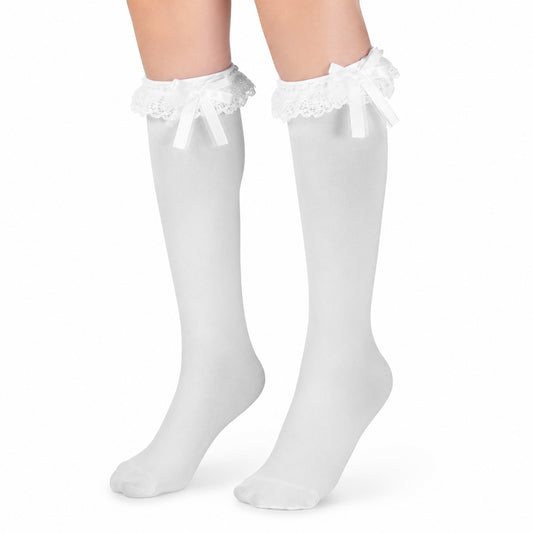Tucnoeu White Lace Ruffle Socks, Cotton Lace Ruffle White Long Tube Socks