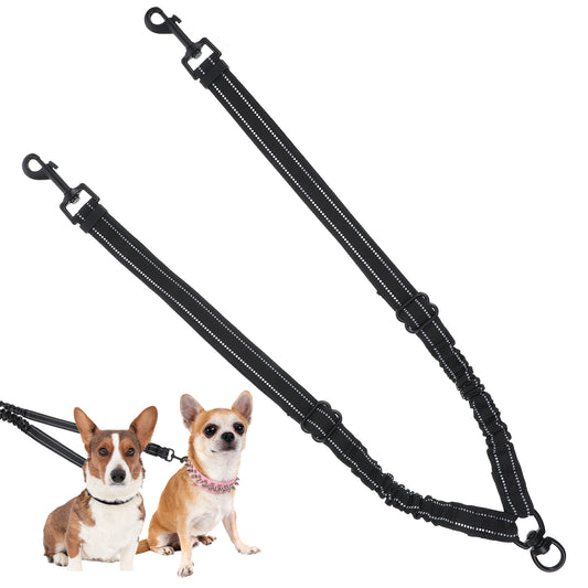 Hekoujiub Dual Dog Leash Reflective Leash for 2 Dogs 360° Rotating Dual Leashes for 2 Dogs No Tangle, Black Adjustable Straps and Shock-Absorbing Elastic Band for Dog of Different Sizes