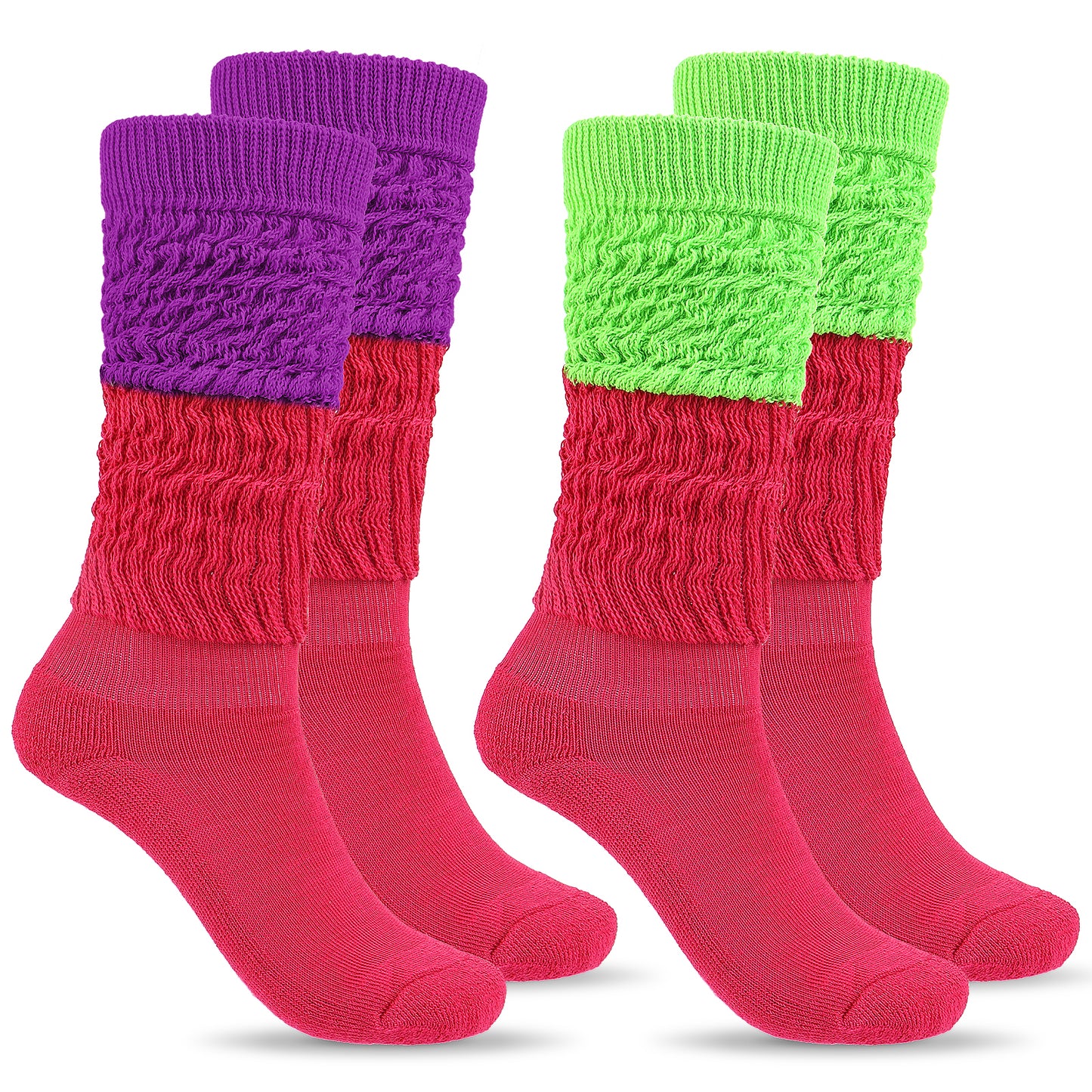 Telooco 2 Pairs Women Slouch Socks Soft Stacked Scrunch Socks 80s Neon Extra Long Stack Socks Thigh High Boot Socks Scrunchie Socks Size 8-10(Rose Red+Green/Rose Red+Purple)