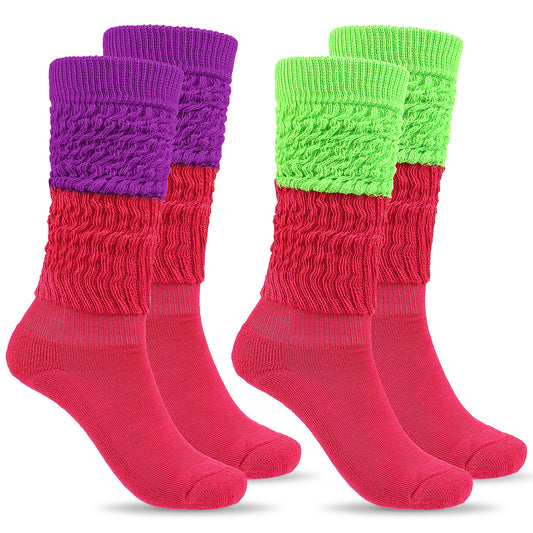 Telooco 2 Pairs Women Slouch Socks Soft Stacked Scrunch Socks 80s Neon Extra Long Stack Socks Thigh High Boot Socks Scrunchie Socks Size 8-10(Rose Red+Green/Rose Red+Purple)
