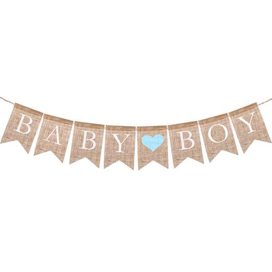 Baby Boy Burlap Banner, Pre-Assembled Jute Flags For Baby Shower And Gender Reveal, Light Blue Heart, Rustic Decor