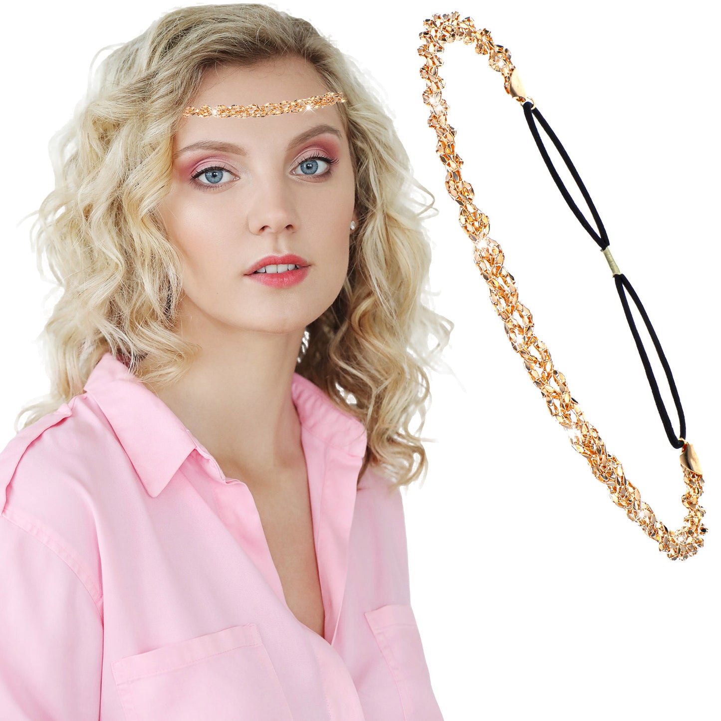 Gold Rhinestone Braided Headband Crystal Elastic Headband Boho Sparkly Headpieces for Women, 70s Vintage No-Slip Jeweled Hair Band, Adjustable Diamond Crystal Beaded Head Chain