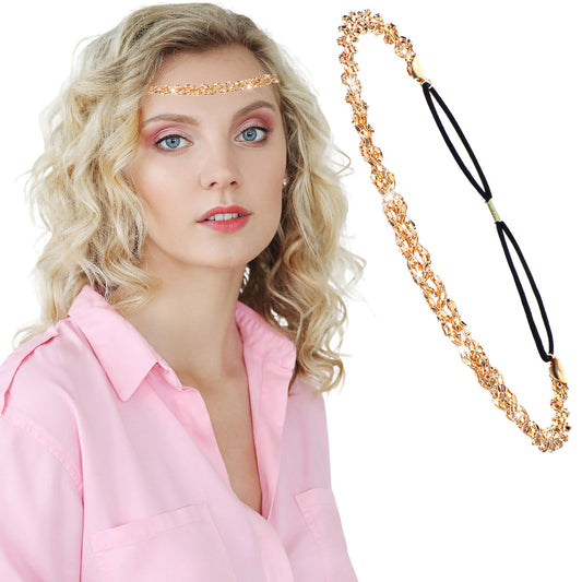 Gold Rhinestone Braided Headband Crystal Elastic Headband Boho Sparkly Headpieces for Women, 70s Vintage No-Slip Jeweled Hair Band, Adjustable Diamond Crystal Beaded Head Chain