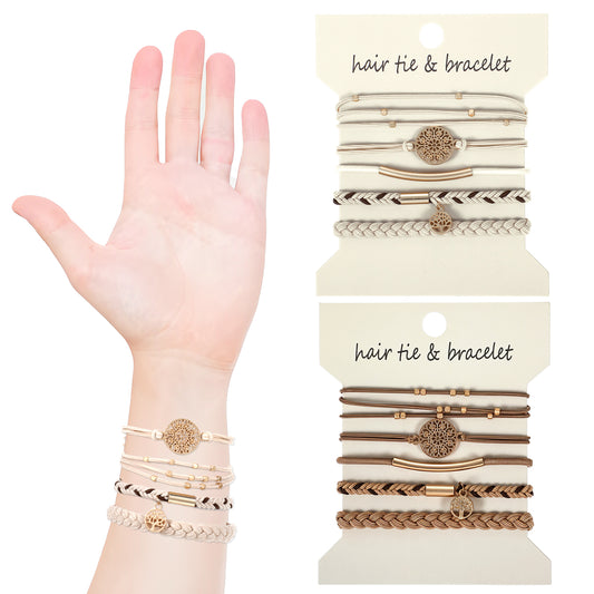 10 pcs Boho Bracelets, 5 Styles Braided & Stretch Hair Ties for Thick/Thin Hair