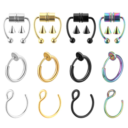 Lusofie 12 Pieces Fake Nose Ring Horseshoe Shape Fake Septum Ring Steel Color Rose Gold Black Colorful Septum Piercing Round Stainless Steel Fashion Accessories Suitable for Many Occasions