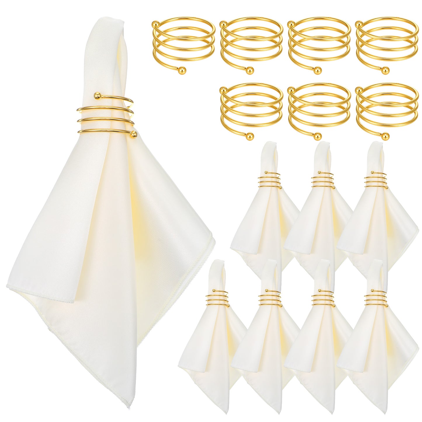 Satin Cloth Napkins And Napkin Rings Set Of 8, Smooth Fabric Table Napkins With Gold Metal Rings For Wedding, Dinner Party, Family Gatherings, Table Decor, Ivory, 17 x 17 Inches