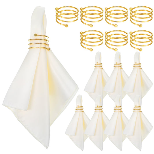 Satin Cloth Napkins And Napkin Rings Set Of 8, Smooth Fabric Table Napkins With Gold Metal Rings For Wedding, Dinner Party, Family Gatherings, Table Decor, Ivory, 17 x 17 Inches