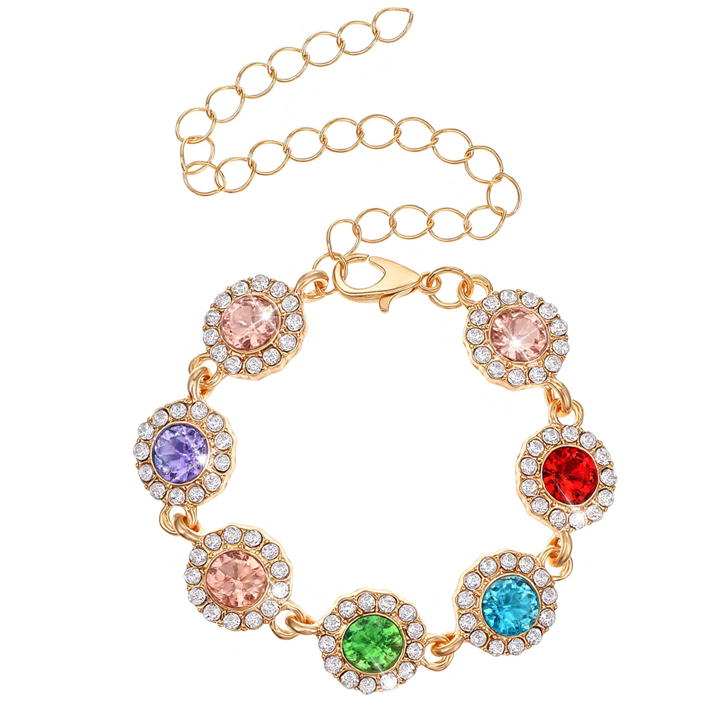 Yolev Colorful Crystal Bracelet Adjustable Gemstone Bracelet Sparkly Cubic Zirconia Rhinestone Bracelets for Women Rave Prom Trendy Wedding Brides Link Chain Wrist Jewelry Accessory