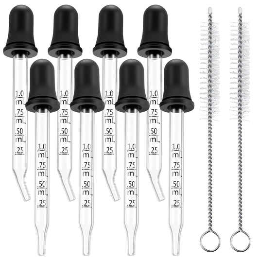 Josojoou 10PCS Droppers with Measurement, 1ml Glass Dropper with Bent & Straight Tips, Eye Droppers with Clean Brush, Glass Pipette Dropper, for Essential Oils, Transfer, and Dispensing of Liquids.
