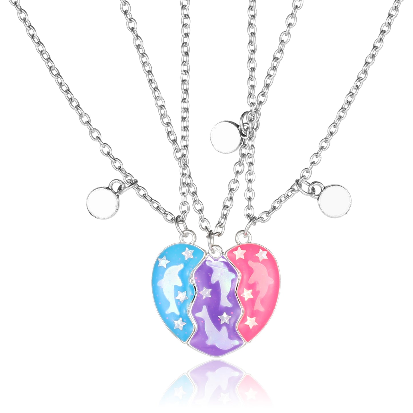 Telooco 3 Pcs Heart Shaped Dolphin Best Friend Necklace, Enamel Mutual Attraction Magnetic Friendship Necklace for 3, Halloween Jewelry Party Birthday Gift for Girls (Blue, Purple, Pink)