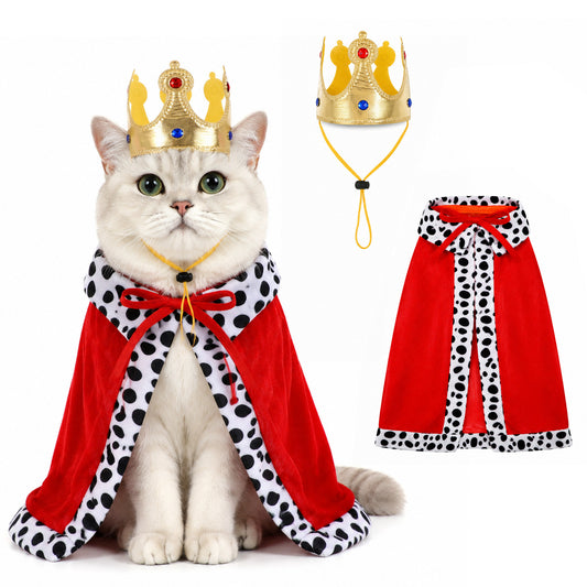 Gemoioio King Cat Costumes Halloween Prince Dog Costumes Red Cloak Crown