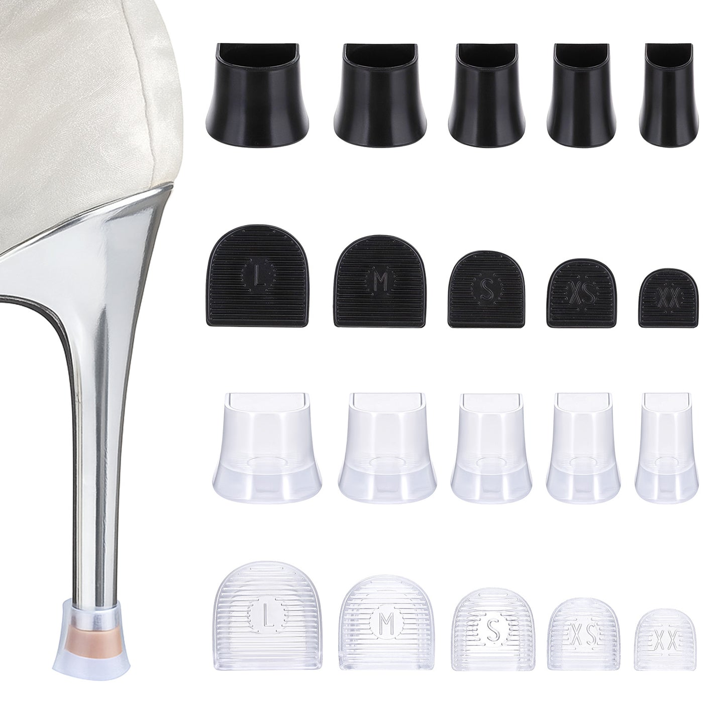 10 Pairs High Heel Protectors 4 Sizes Heel Caps for High Heels, Anti-Slip Noise Reducing Black and Transparent Shoe Heel Protectors for Women Wedding, Grass, Wetlands Outdoor Events(XXS、XS、S、M、L)