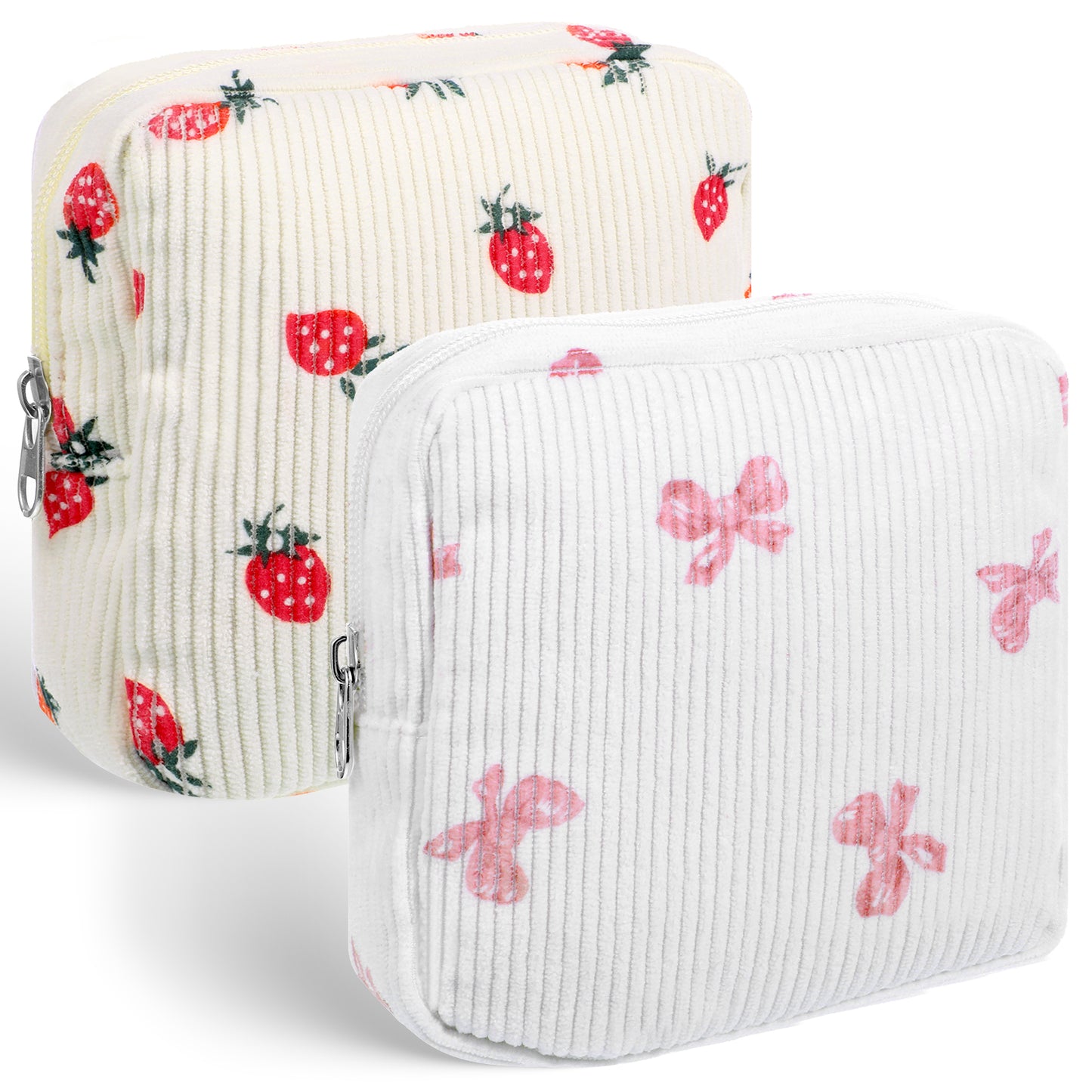 Josojoou 2 Pack Period Bag, Corduroy Cute Sanitary Napkin Storage Bag for Girls Women, Menstrual Pad Pouch Tampon Holder for Purse, Small Make Up Bags