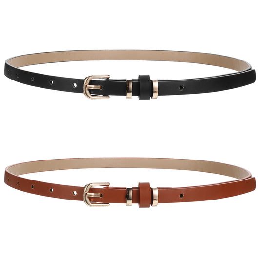 Womens Skinny Leather Belt 2pcs Thin Waist Belt with Gold Buckle for Women Jeans Dress Pants Fashion Ladies Thin Belts for Women