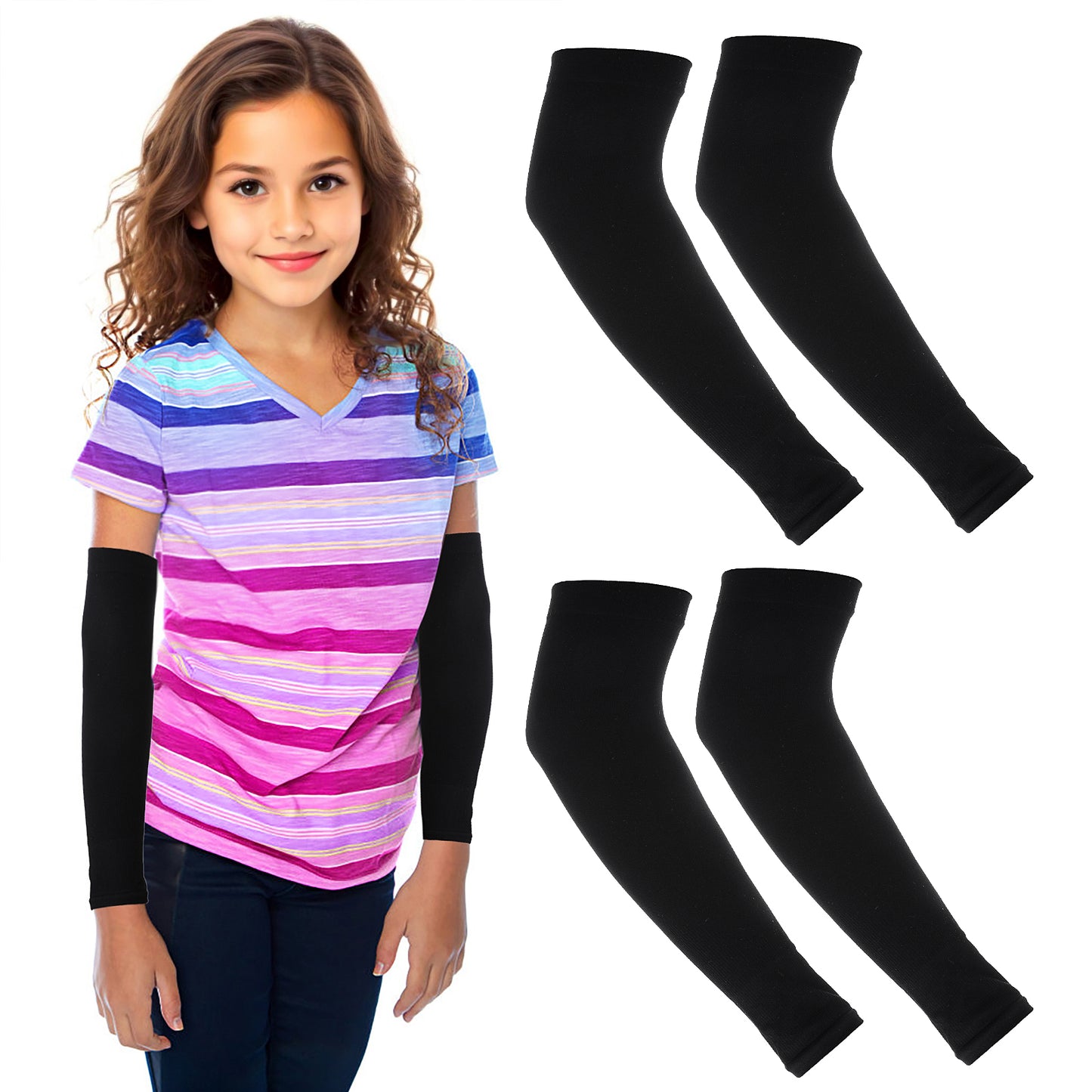 Tucnoeu 2 Pairs Sun Protection Arm Sleeves for Kids, UPF 50 Arm Cover for Boys & Girls, Ideal for Cycling, Golf, Outdoor Sports, Black(Black)