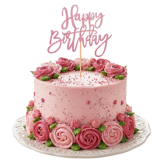 1 Pcs Happy Birthday Topper for Cake - Glitter Pink Happy Birthday Cake Pick for Celebrating Anniversary Theme Party Cake Decorations Supplies
