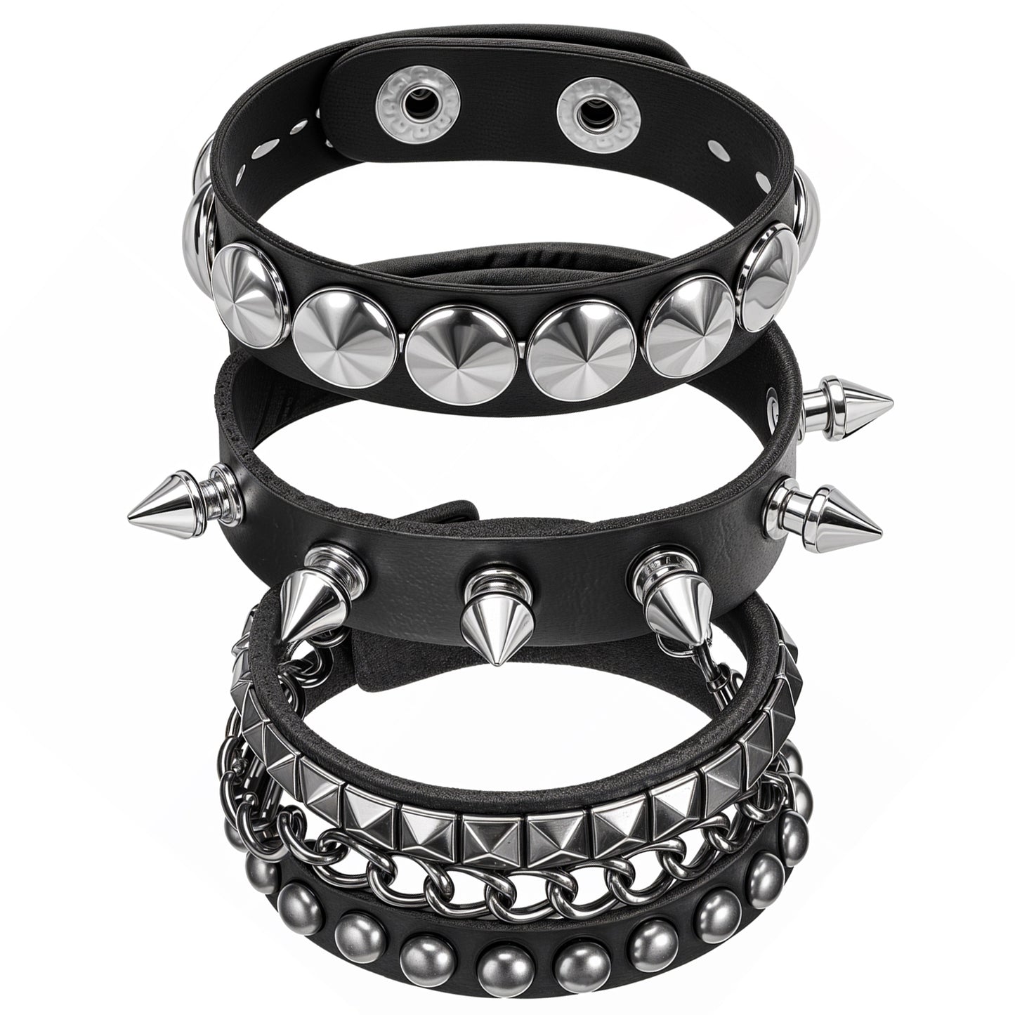 Telooco 3 Pcs Punk Bracelets Leather Studded Bracelets with Snap Goth Spike Bracelet 80s Rock Wristband Adjustable Wrap Wrist Cuffs for Men Women Halloween Party Emo Accessories