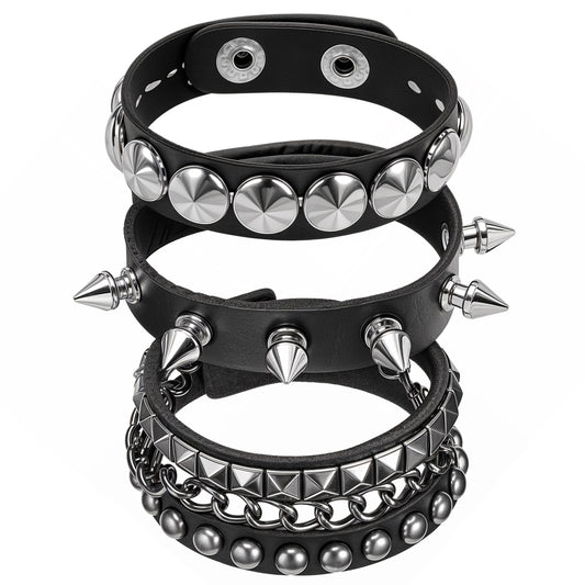 Telooco 3 Pcs Punk Bracelets Leather Studded Bracelets with Snap Goth Spike Bracelet 80s Rock Wristband Adjustable Wrap Wrist Cuffs for Men Women Halloween Party Emo Accessories