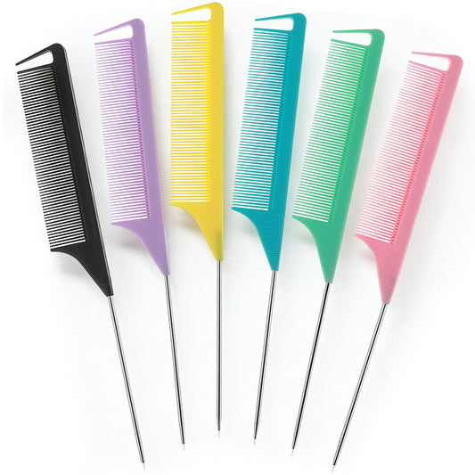 6Pcs Rat Tail Comb Set Fine Tooth Comb with Stainless Steel Pintail 6 Colors Pintail Hair Comb 8.66 Inch Tail Combs for Women Sectioning Parting Braiding Styling