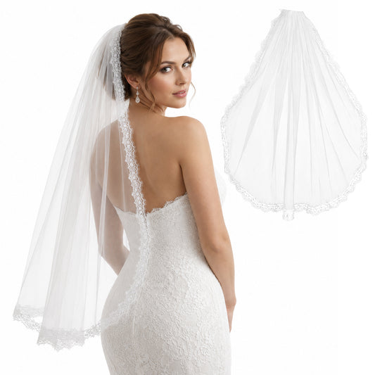 GemoioioBridal Veil Lace Edge with Comb White Wedding lace veils for brides