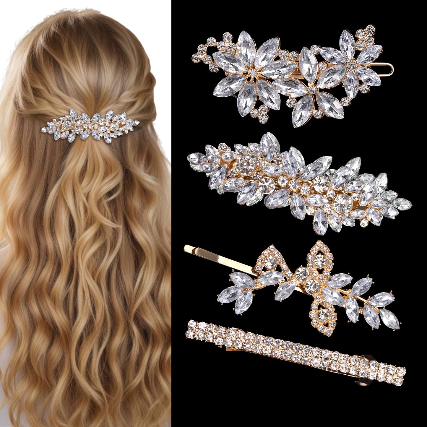 4Pcs Rhinestone Hair Clips for Women, Sparkly Crystal Hair Accessories Set, Elegant Bridal Barrettes for Wedding & Formal Events, Gift for Bride Bridesmaid