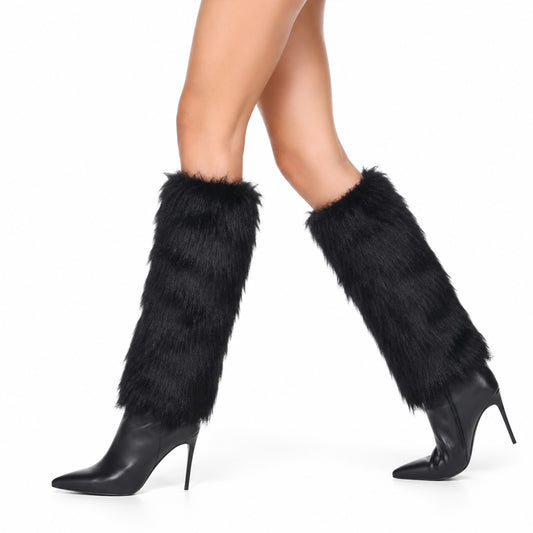 Furry Fuzzy Leg Warmers, Faux Fur Boot Covers, Black Boot Cuffs for Women