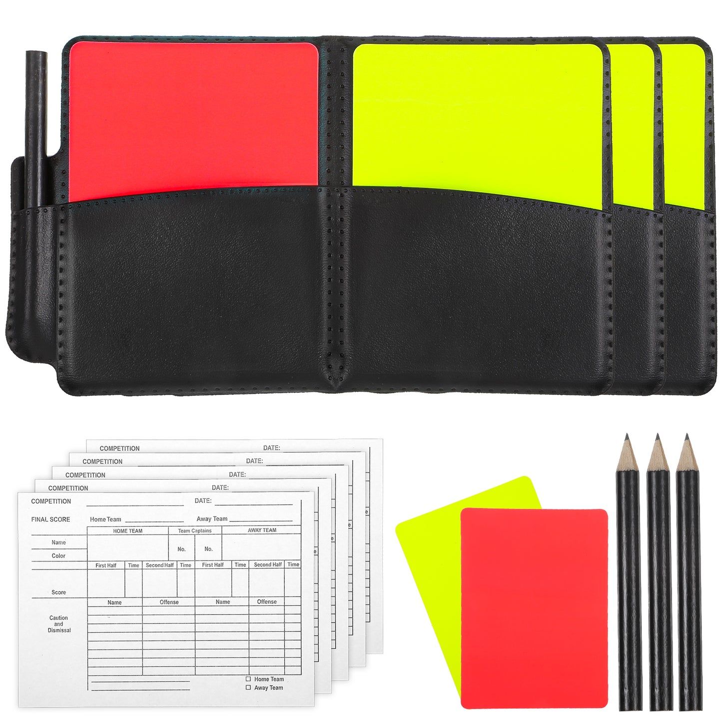 Soccer Referee Cards Set, Red Yellow Cards with Record Sheets, Pencil, PU Leather Wallet, Soccer Referee Kit for Football Volleyball Rugby Baseball Matches, Training Sports Games