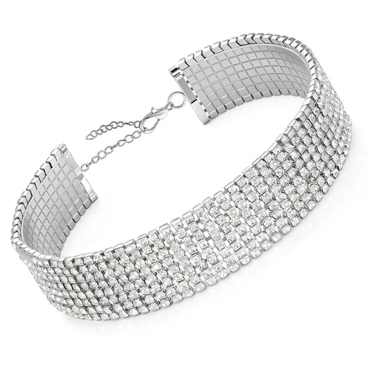 Ziuohaa Silver rhinestone choker necklace - Layered diamond choker For Women - Adjustable silver choker jewelry for Parties and Weddings