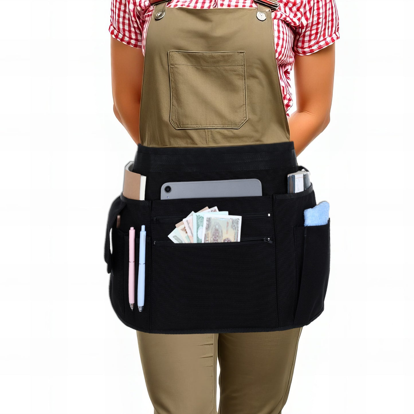 Josojoou Waitress Server Apron with 7 Pockets, Black Waterproof Waiter Half Apron with Zippers & Adjustable Belt, Unisex Waist Aprons for Restaurant Servers Kitchen Staff Bartender Barista