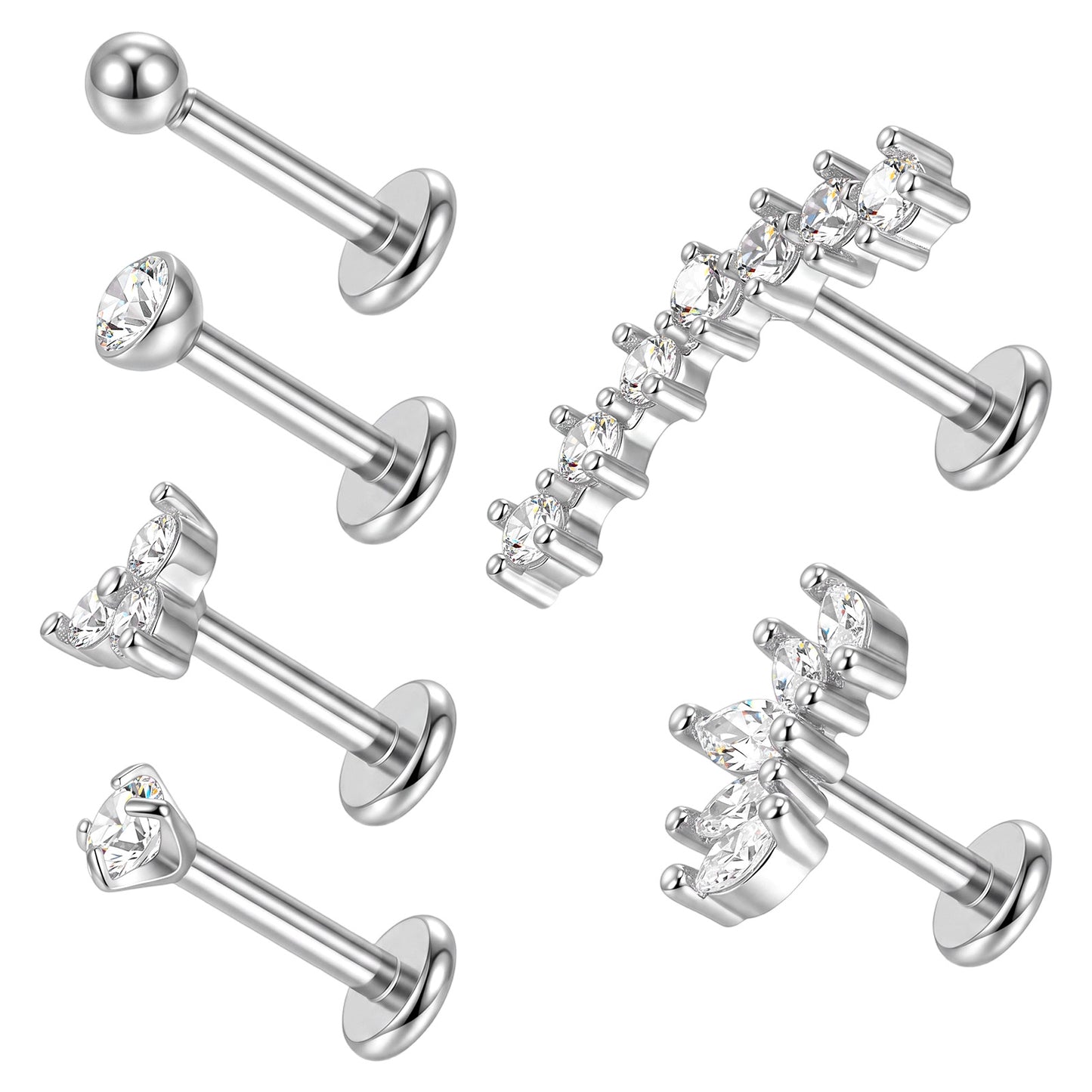 Yykazqe Tragus Piercing Jewellery 6PCS Set - 16G Silver Labret Studs Stainless Steel Flat Back with Cubic Zirconia for Helix Conch Lip Nose Piercing - 6mm Bar Length