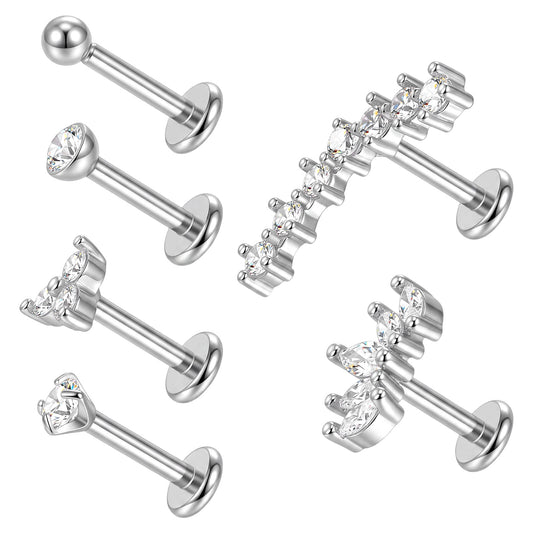 Yykazqe Tragus Piercing Jewellery 6PCS Set - 16G Silver Labret Studs Stainless Steel Flat Back with Cubic Zirconia for Helix Conch Lip Nose Piercing - 6mm Bar Length