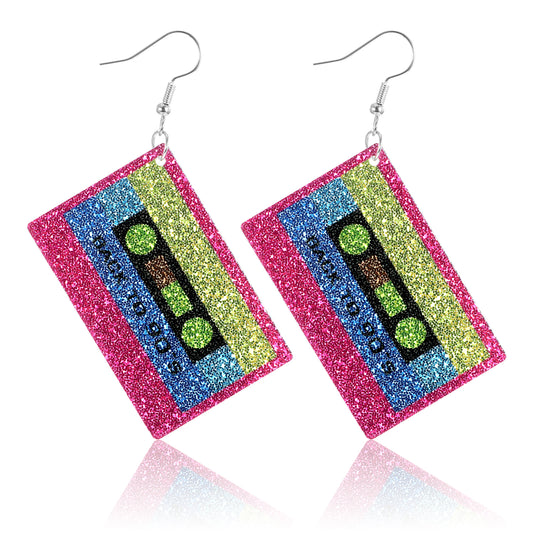 80s Earrings for Women 90s Retro Cassette Tape Neon Earrings Acrylic Radio Drop Earring Neon Jewelry for 80s/90s Halloween Cosplay Glow Party Music Festival Costume(Pink)