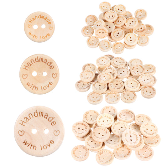 90pcs Buttons for Crafting,3 Sizes Natural Wooden Buttons for Baby Cardigans Handmade Buttons for Sewing with Love Buttons for Kids DIY Sewing Craft Decorations(10mm,20mm,25mm)