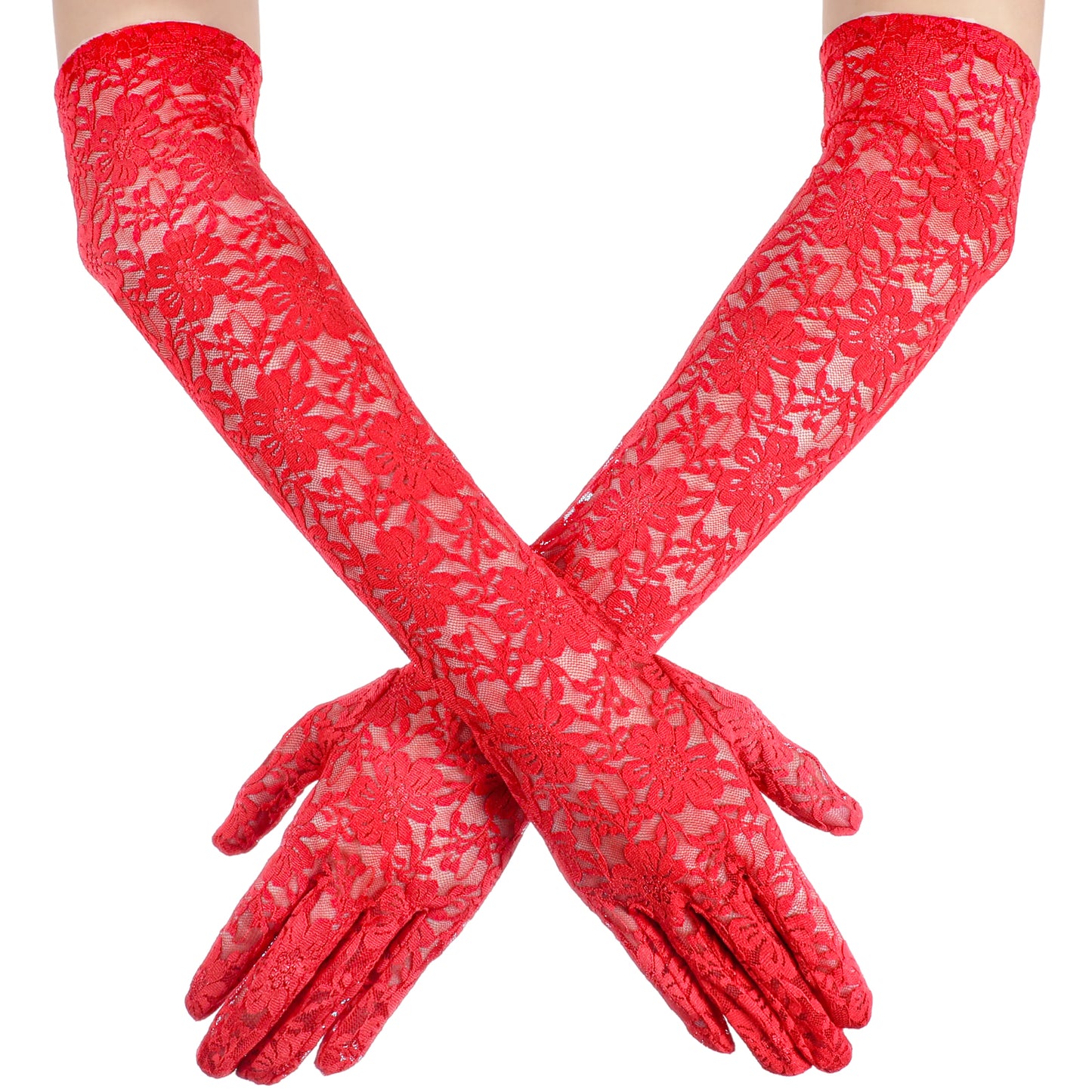 Women's Long Lace Gloves Tea Party Gloves Elegant Formal Gloves Bridal Gloves for Wedding Cocktail Party Opera Performance (Red)