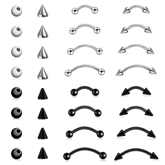 Telooco 16 Pcs Eyebrow Rings, Surgical Steel Curved Barbell Tiny Eyebrows Ring, Vertical Labret Lip Jewelry Ear Rook, Unisex Eyebrow Piercing Jewelry (Steel, Black)