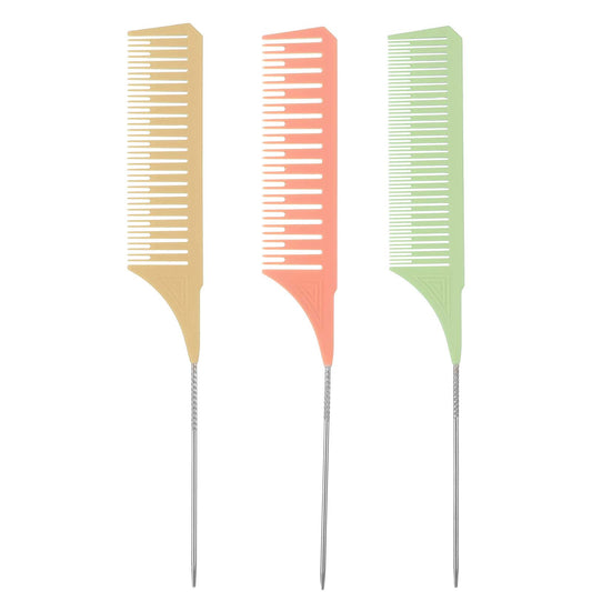 Lusofie 3Pack Highligh Comb, Weaving Combs for Highlighting, Hair Teasing Parting Comb with Long Stainless Steel Rat Tail for Hair Stylist Salon Barbershop Home(Green, Yellow, Orange)