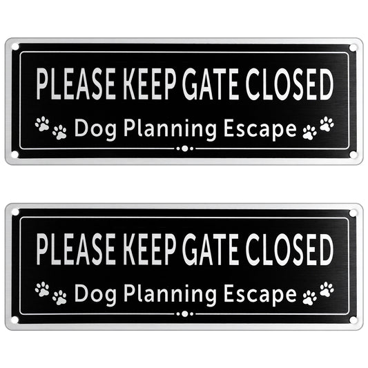 Please Keep Gate Closed Sign - 2 Pack, Rustic Metal “Dog Escape Prevention” Warning Sign for Yard, Farm & Fence - UV Protected, Weather Resistant Brushed Aluminum, 3.5”x9.8”
