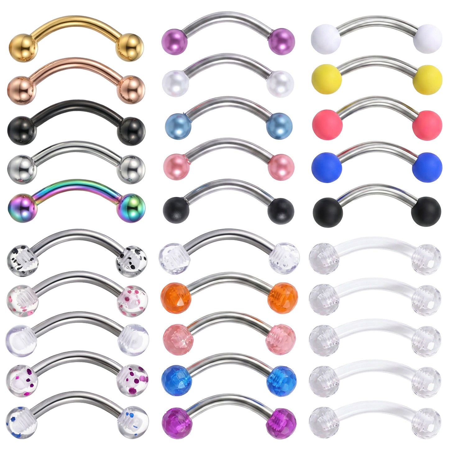 Neyauo 30Pcs 16G Stainless Steel Eyebrow Rings Tragus Lip Ring Helix Earrings Curved Barbell Eyebrow Piercing Jewelry for Women Men 6mm 8mm 10mm