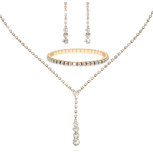 HekouJiub Rhinestone Wedding Jewelry Set Sparkle Necklace Earrings Bracelet Crystal Prom Formal Jewelry for Bridal Wedding Accessories (Gold)