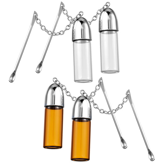 Tucnoeu 4 Pcs Vial with Spoon Travel Spice Containers Portable Glass Jar Spice Dispenser Airtight Storage Bottle for Pepper,Salt(Brown+Clear)