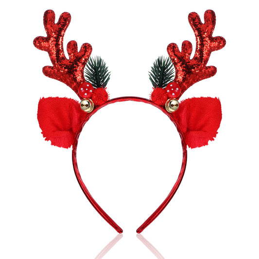 Reindeer Antlers Christmas Headband For Christmas Costume Red Glitter Christmas Headbands for Adults and Kids With Bell Sequined Antler Headband Xmas Hair Accessories